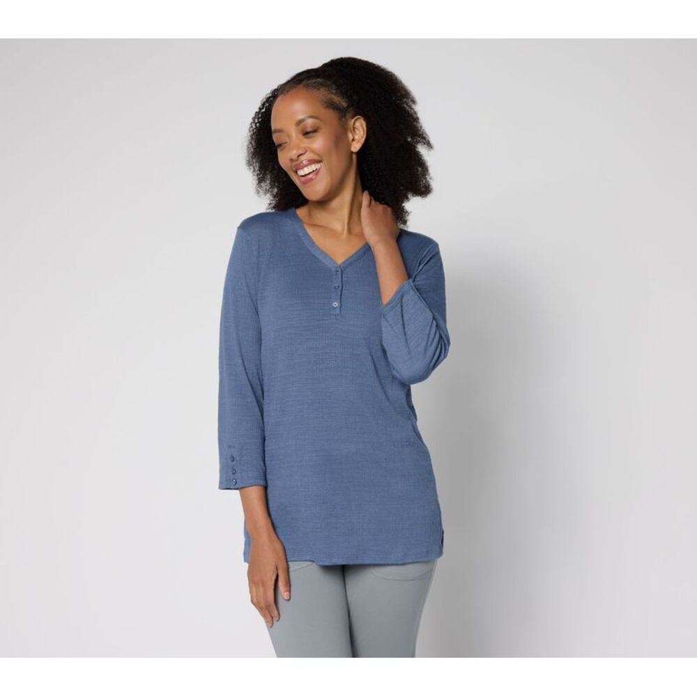 SUNNYLiFE Women's Top Sz L Slub Knit Henley Tee Blue A694394